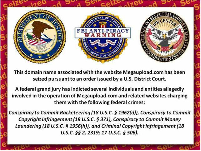 Message de la justice américaine sur le home page de Megaupload.com 