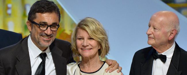 Illustration - Cannes 2014 : Un palmarès correct mais timoré - Nuri Bilge Ceylan, avec Nicole Garcia, et Gilles Jacob, président du festival, qui a passé la main au terme de cette édition.