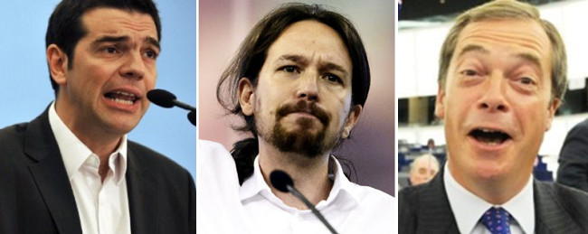 Deux trublions de gauche (le Grec Tsipras, l'Espagnol Iglesias), un de droite (l'Anglais Farage) 