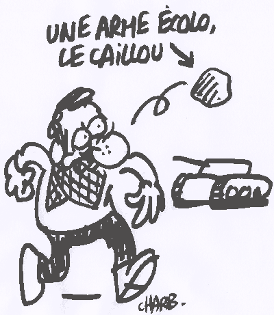 Lors du meeting de clôture de la campagne des Verts des élections européennes 2004, les croquis de Charb étaient réalisés et projetés en direct 