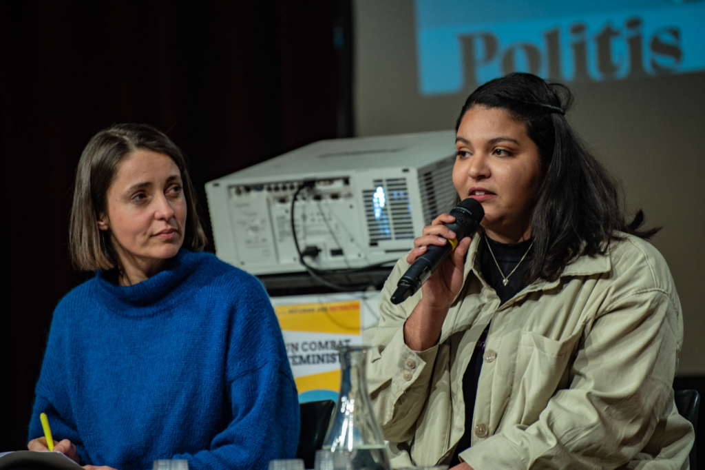 Sophie Binet et Imane meeting politis féministe retraites